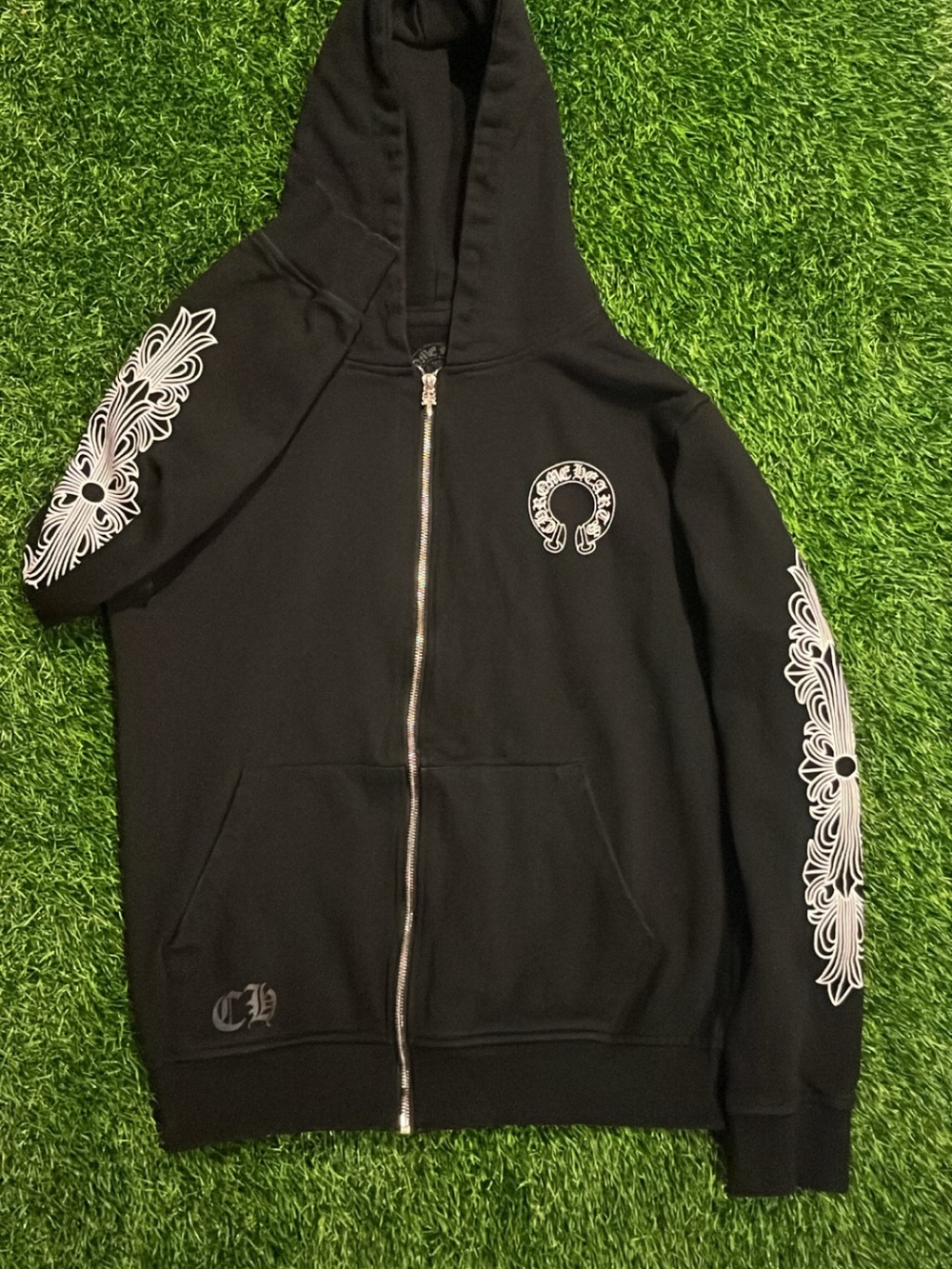 Chrome Hearts Black Zip-Up Hoodie with White Sleeve Motifs